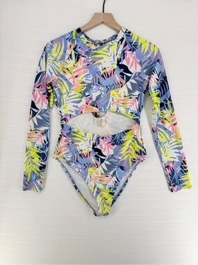 Ocean Pacific OP XL Tropical Long Sleeve Cutout One Piece Swimsuit